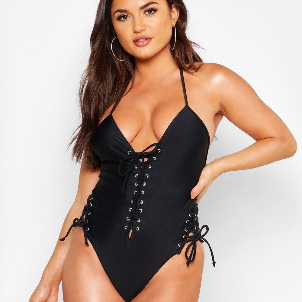 Boohoo Boutique Lace Up Front Tie Side Swimsuit